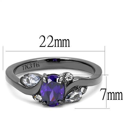 Silver ring with a central purple gemstone, flanked by clear stones; dimensions 22mm by 7mm.