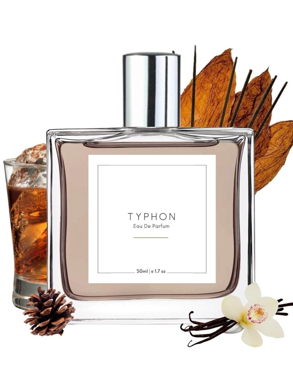 Clear perfume bottle with silver cap. Vanilla flower, pine cone, drink, and tobacco leaves surround it.