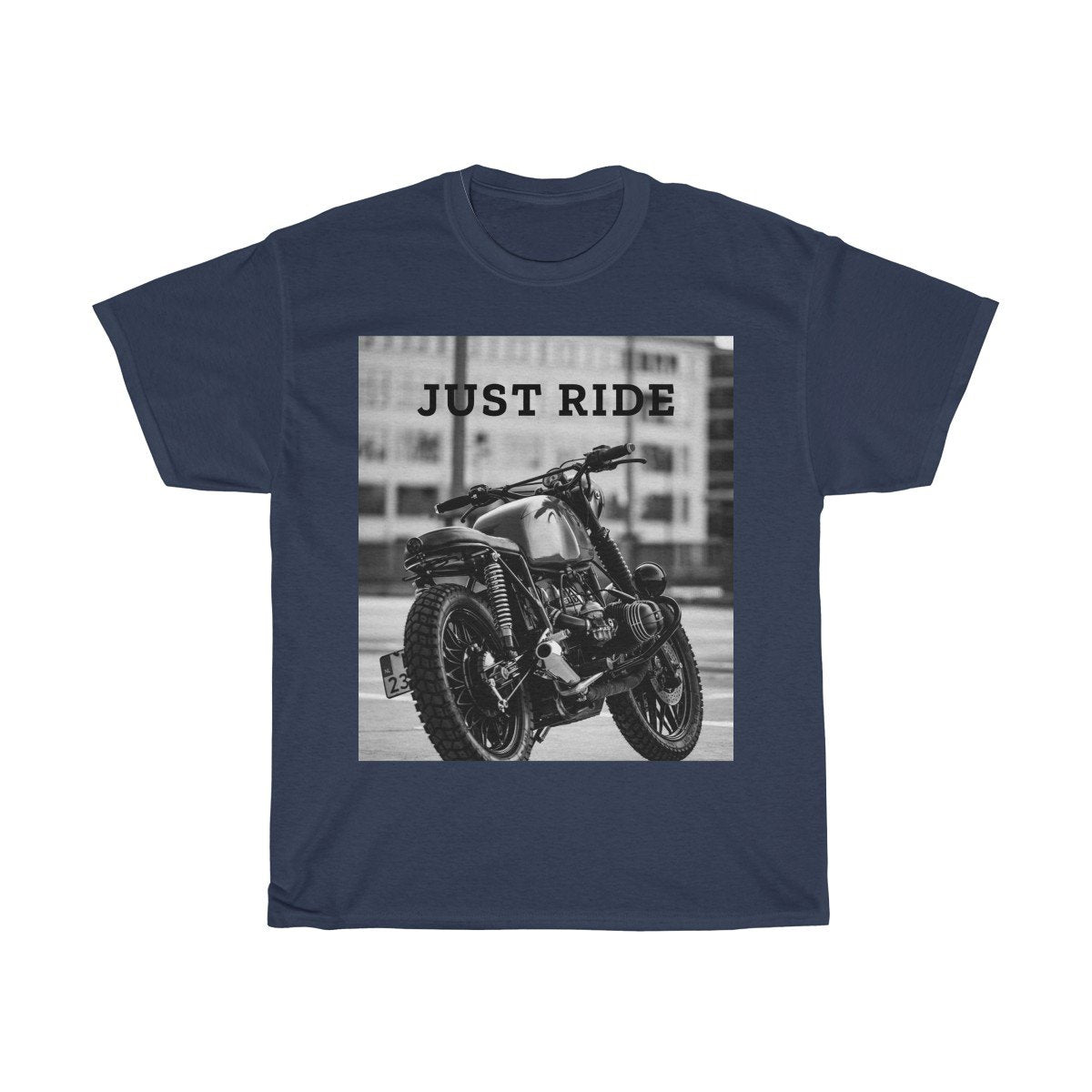 Navy blue T-shirt with a black-and-white motorcycle image and "JUST RIDE" text above it.