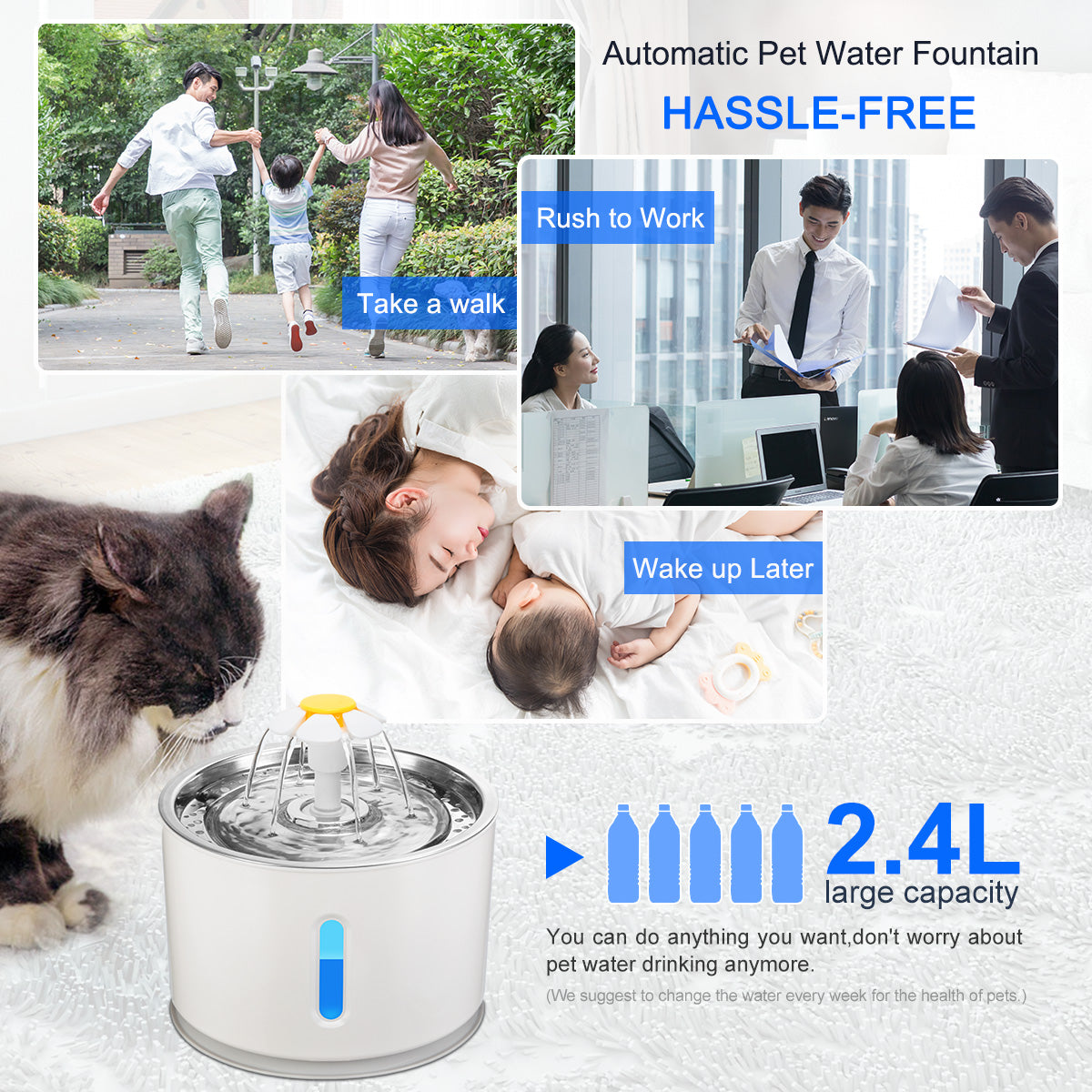 Automatic pet water fountain with 2.4L capacity, cat drinking; background scenes of daily life.