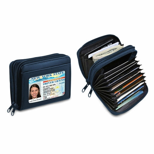 Black zippered wallet with visible ID card and accordion-style compartments with cards.