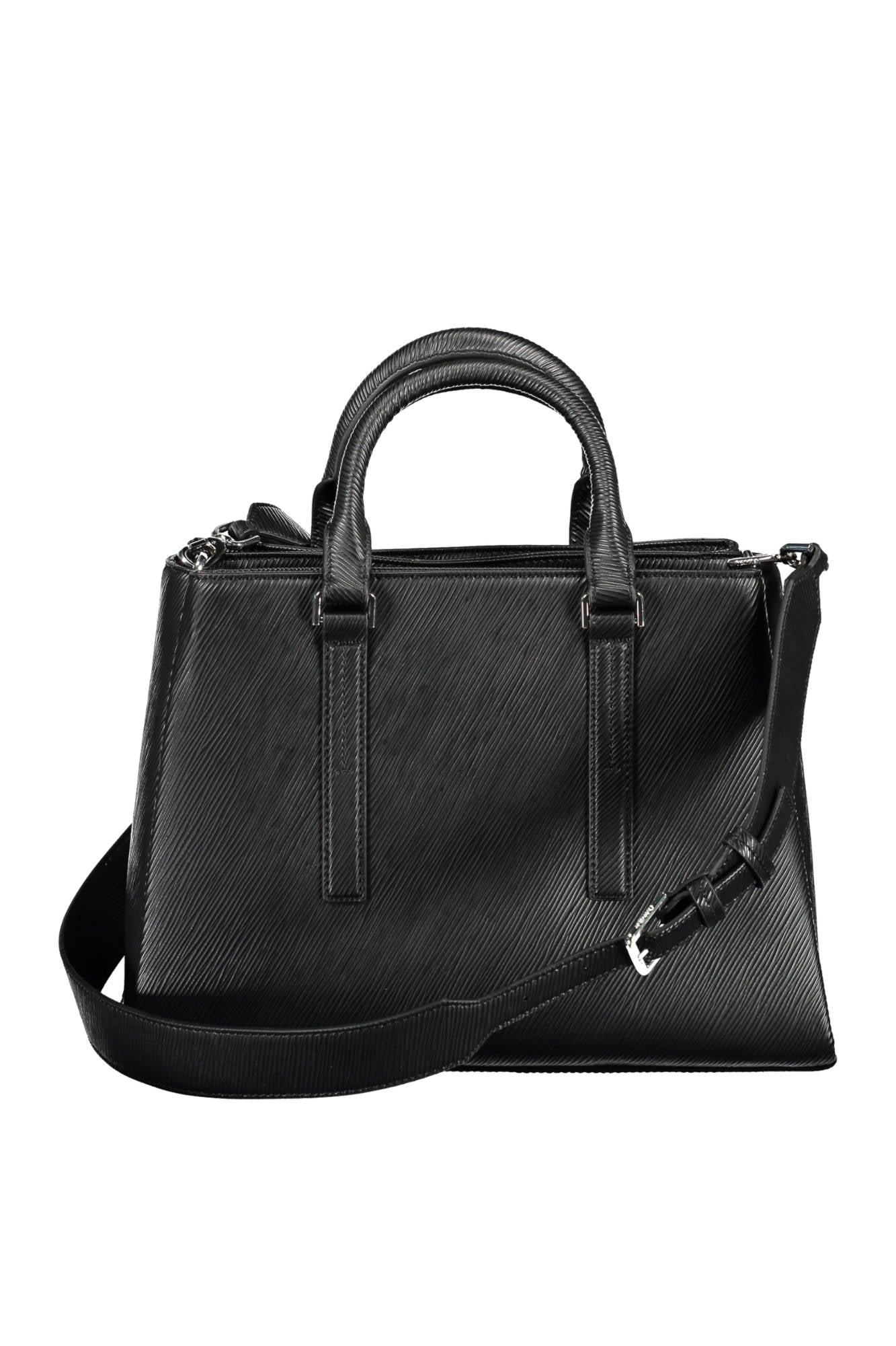 Black textured handbag with dual handles and an adjustable shoulder strap.