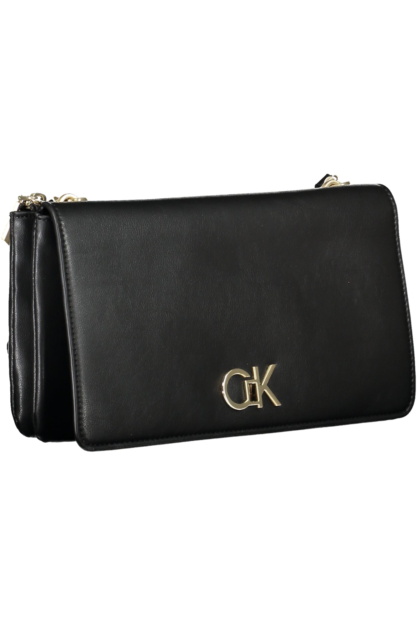 Black leather clutch with gold "GK" initials and zipper accents.