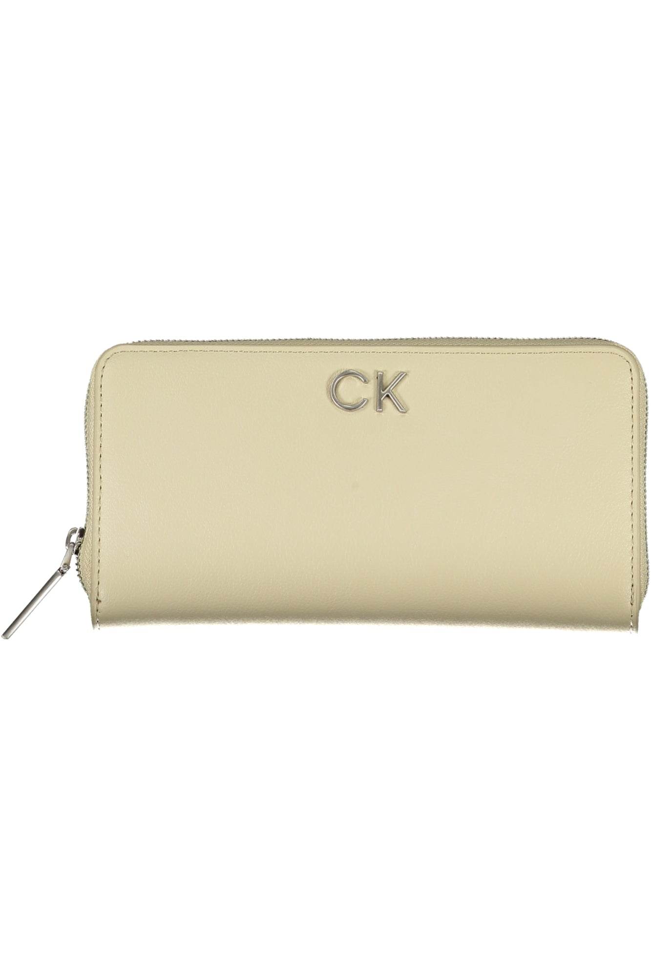 Cream zippered wallet with silver "CK" logo, smooth texture, and a metal zipper pull.