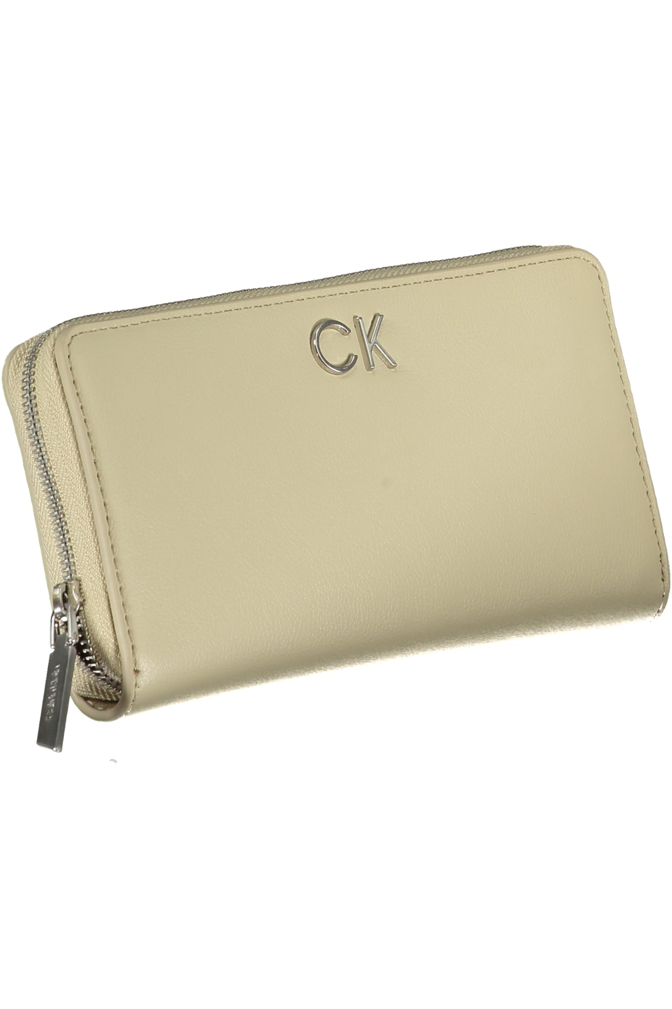 Cream zippered wallet with silver CK logo on the front and metal zipper pull.