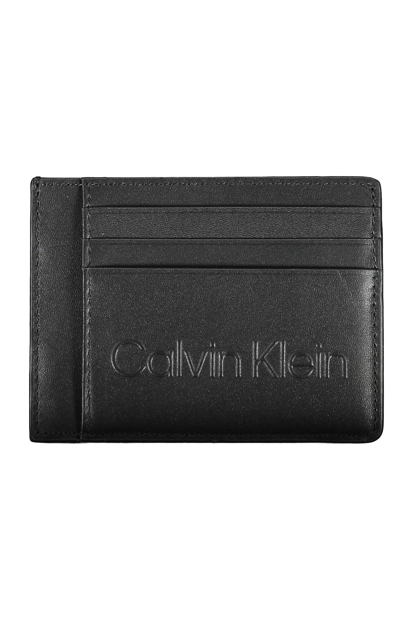 Black leather cardholder with embossed branding and multiple card slots on a plain white background.