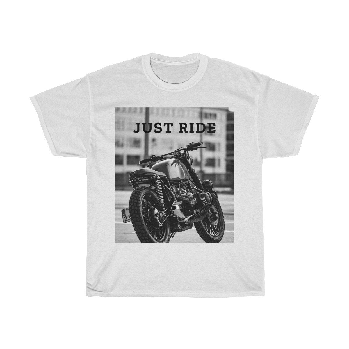 White T-shirt with a black-and-white photo of a vintage motorcycle, text reads "JUST RIDE".