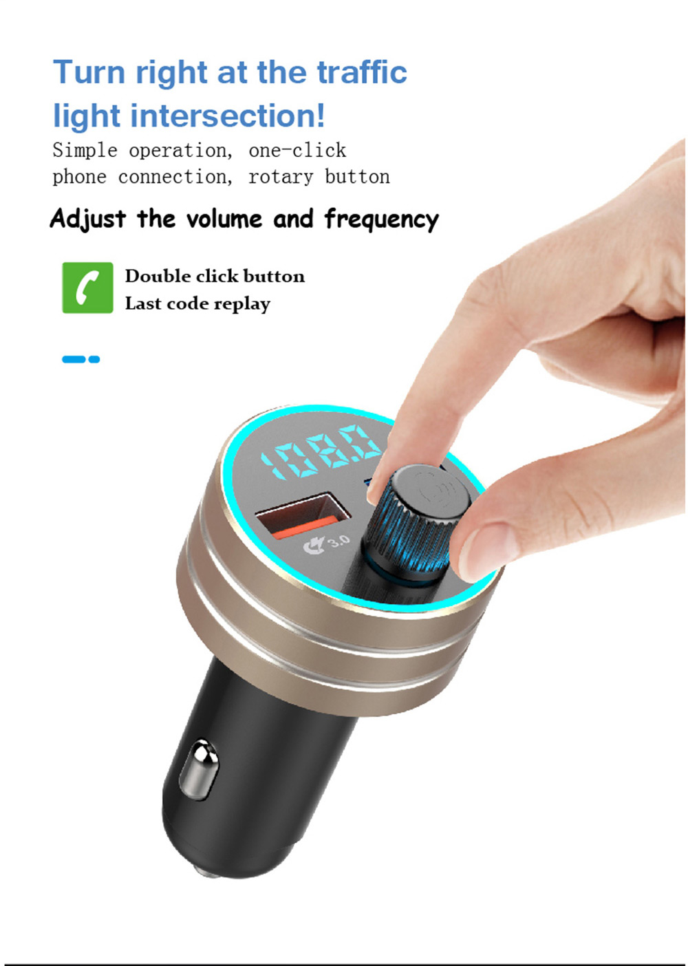 Hand adjusts black knob on gold car charger with a digital display and USB port.