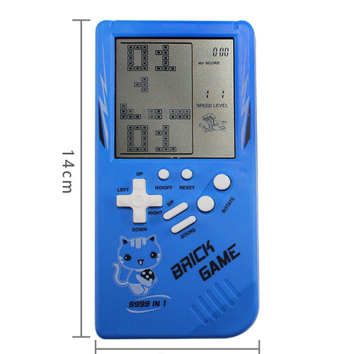 Blue handheld game device with a black-and-white screen, white buttons, and a cat graphic.