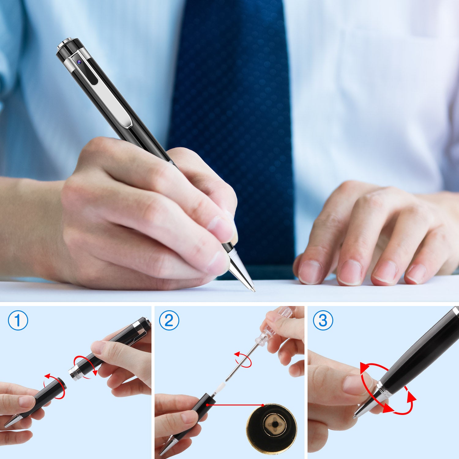 Person in a shirt and blue tie writing with a black pen; steps for disassembly shown below.