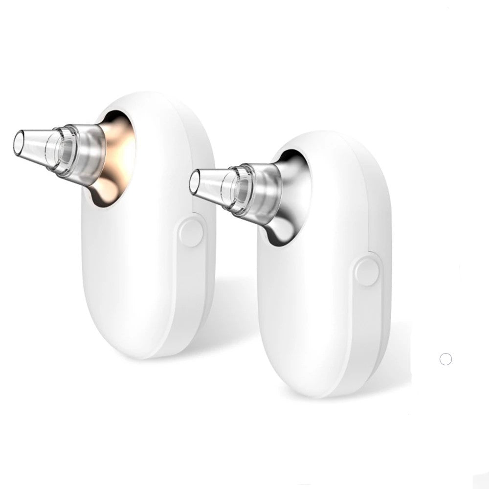 Two white otoscope devices with transparent tips, one lit with warm light on the left.