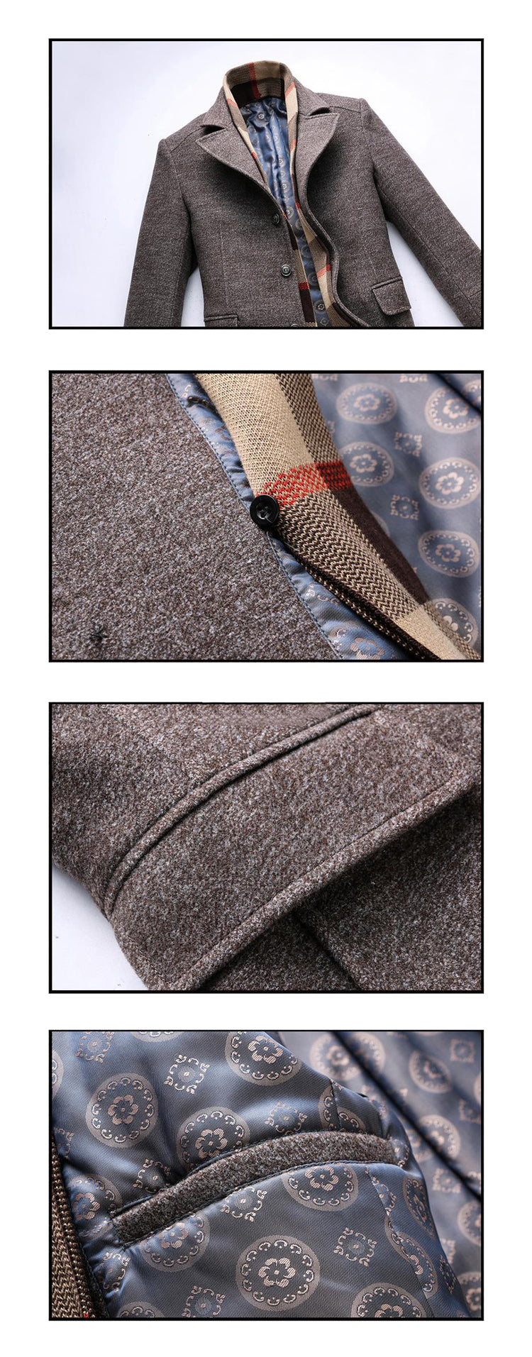 Brown tweed jacket with plaid lining, blue patterned interior, and two front pockets.