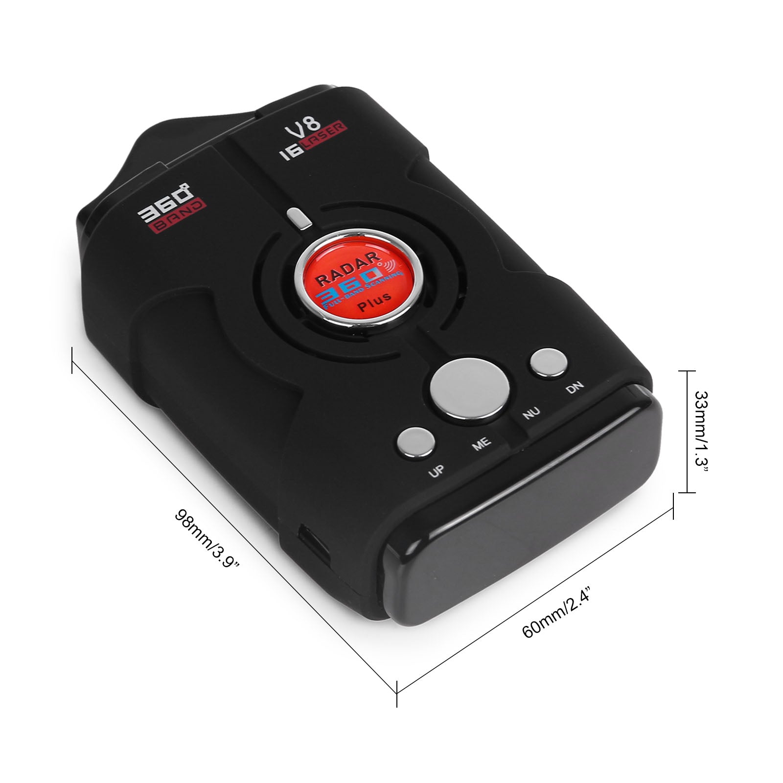 Black radar detector with a red button, silver controls, and dimensions in mm and inches.