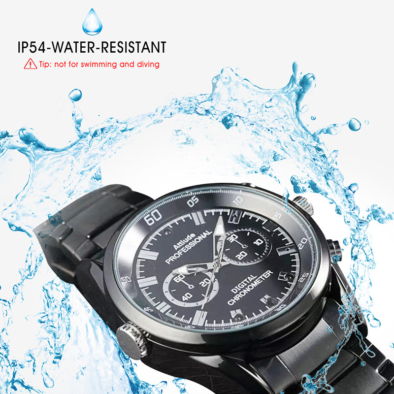 Black wristwatch with a round face, white markings, splashed with water, labeled IP54 water-resistant.