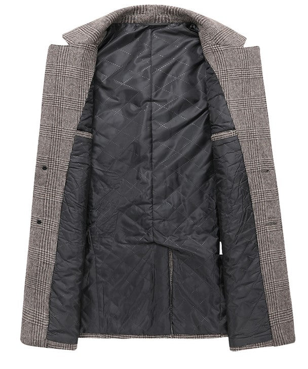 Open gray plaid coat with quilted black lining and a structured collar.