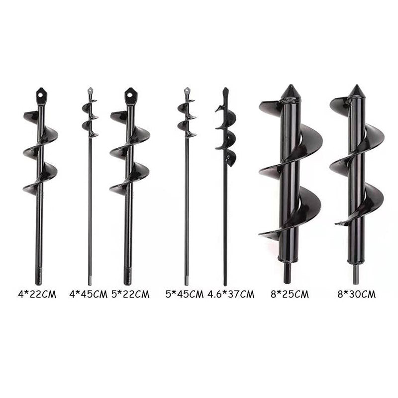 Seven black auger drill attachments in various lengths and diameters arranged in a row.