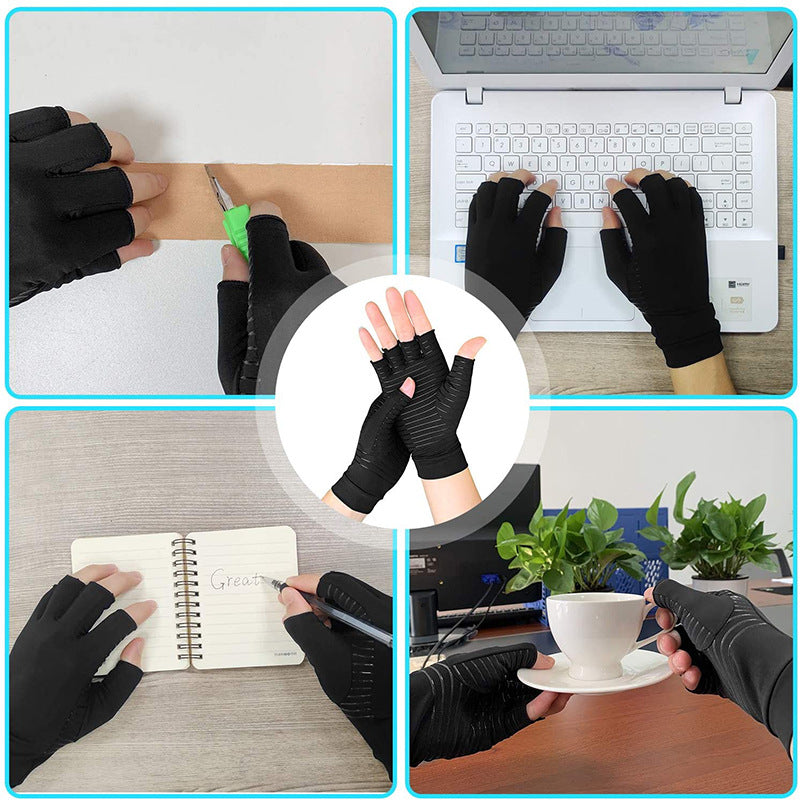 Gloves enable tasks: typing, writing, crafts, holding a cup; black fabric, fingerless design.