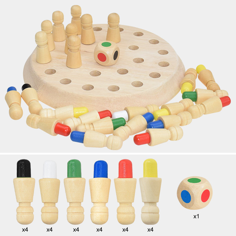 Wooden board game with pegs in five colors and a die with green, red, blue, and black dots.