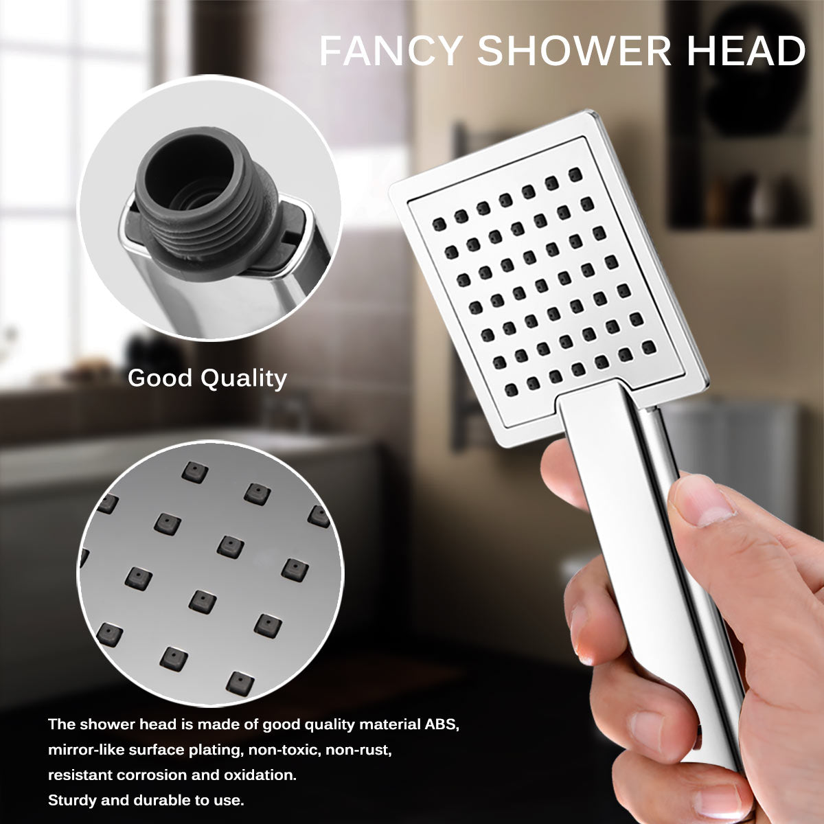 Chrome square shower head with black nozzles, shown in a bathroom and held in a hand.