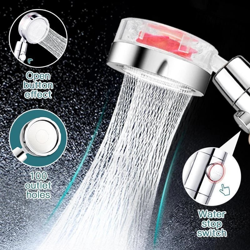 Showerhead with water jet; circular, silver, transparent sections; buttons and 100 outlet holes.