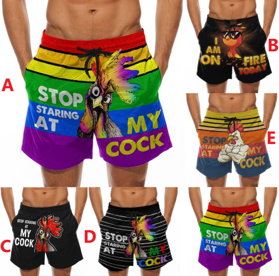 Six pairs of shorts featuring vibrant roosters, rainbow patterns, and humorous text designs.