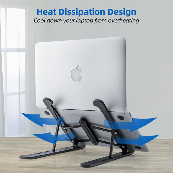 Laptop on a black stand with blue arrows indicating cooling airflow, text above describes heat dissipation.