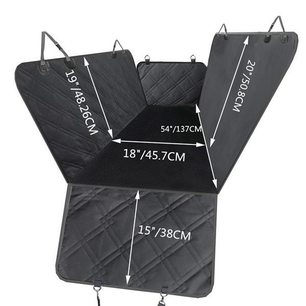 Quilted black car seat cover with measurements labeled in inches and centimeters.