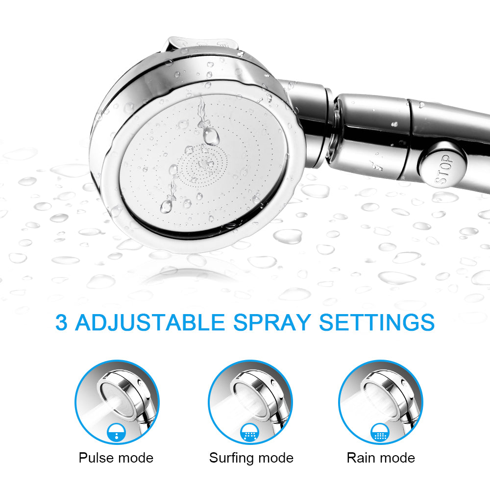Chrome shower head with water droplets and three settings: pulse, surfing, and rain mode.
