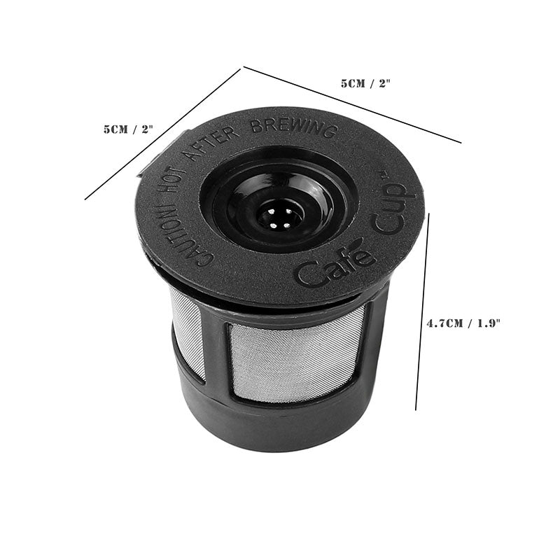 Black coffee filter with mesh sides, labeled "Caution: Hot After Brewing." Dimensions shown.