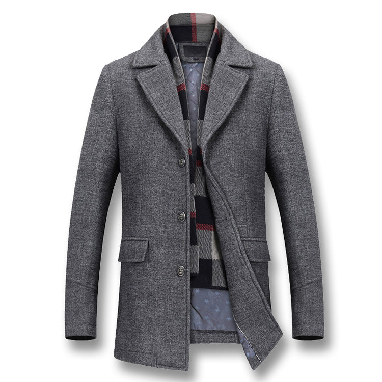 Gray wool coat with notched lapels, button closure, checkered scarf, and two front pockets.