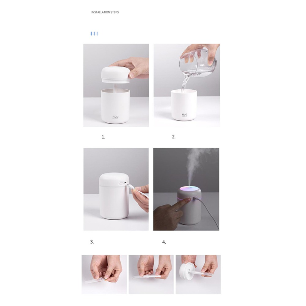 Four-step guide to setting up a white humidifier with water, USB cable, and misting feature.