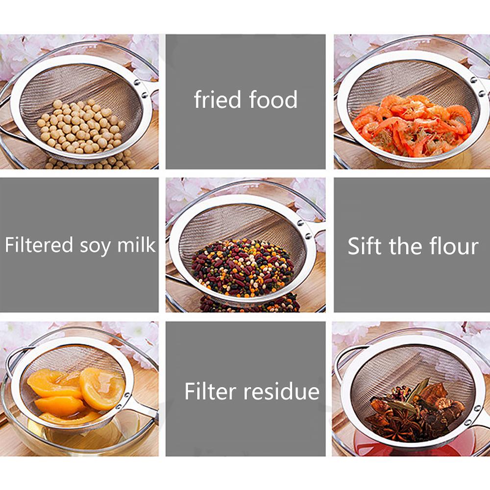 Six images of a mesh strainer filtering various foods like beans, shrimp, and spices.