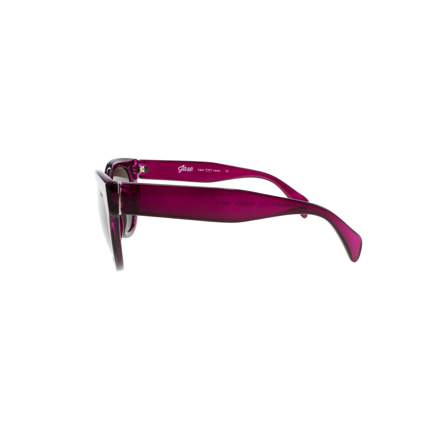 Purple sunglasses with thick frames and tinted lenses shown in side profile.