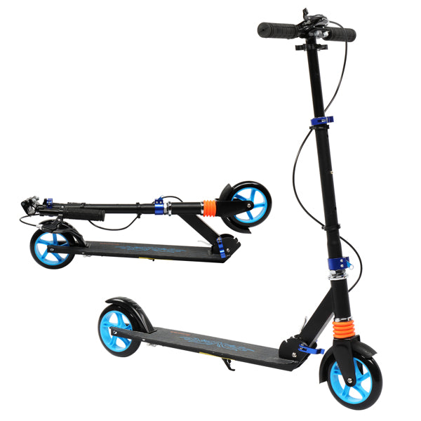 Black scooter with blue wheels, orange suspension, and handlebars; shown folded and unfolded.