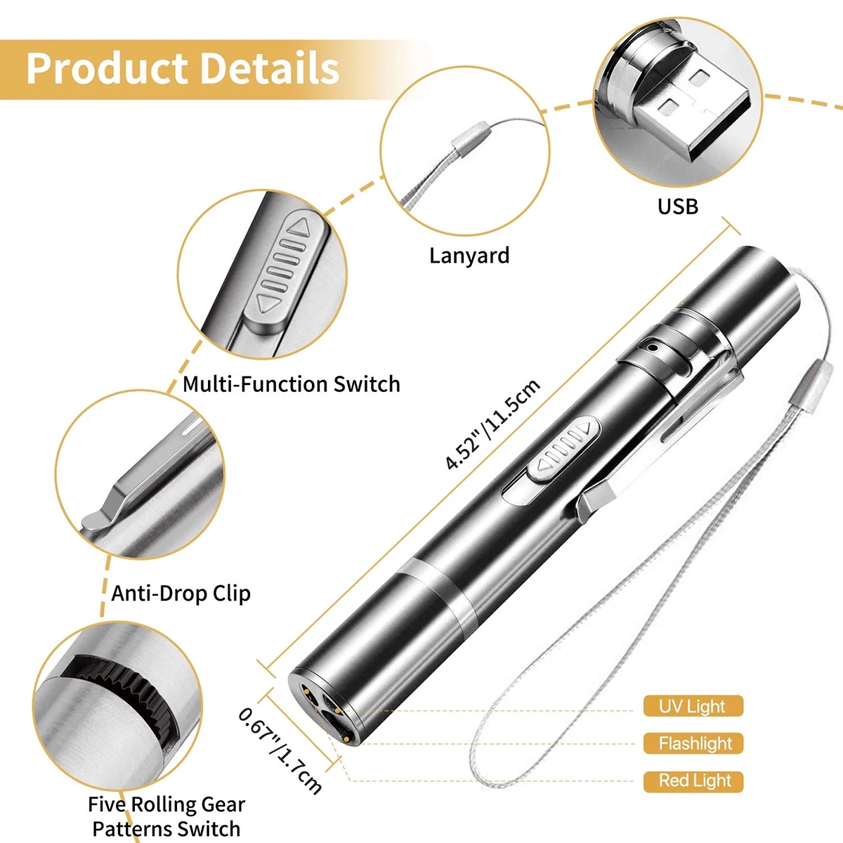 Silver multifunction pen with USB, lanyard, anti-drop clip, various light modes, and switches.