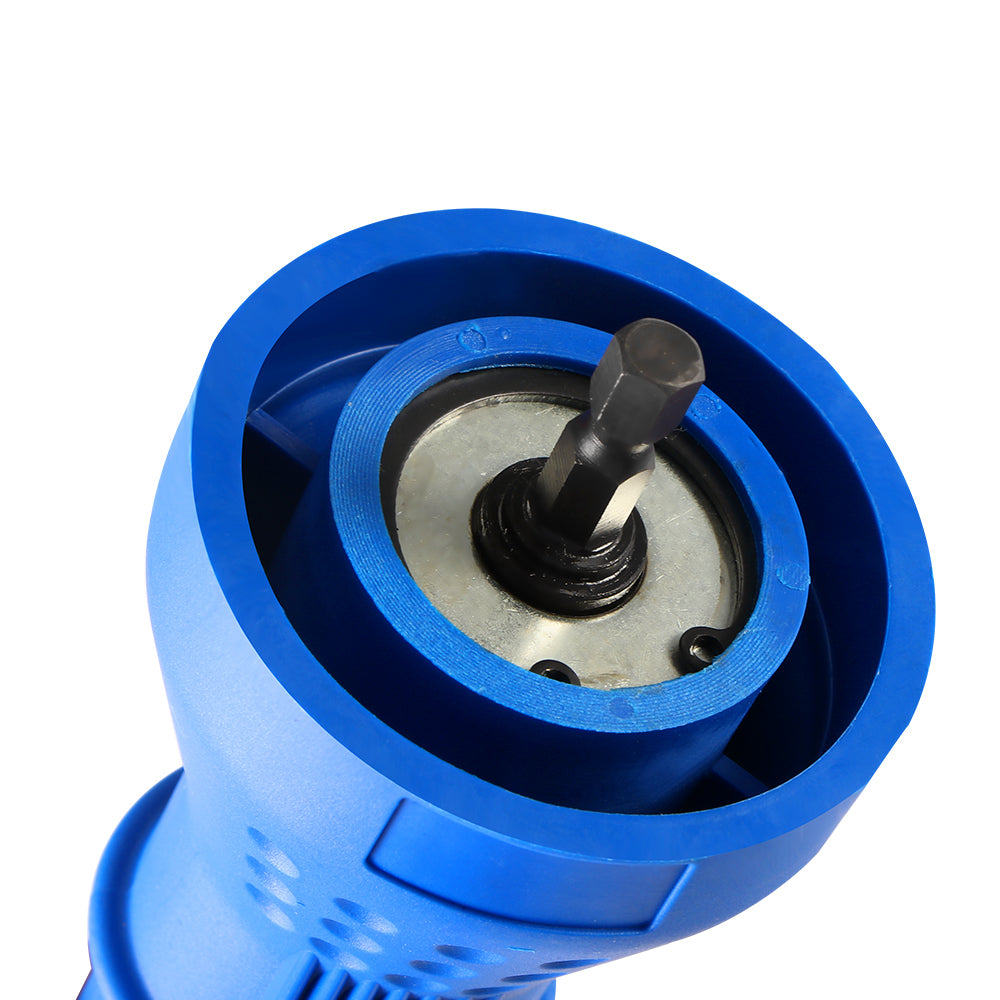 Close-up of a blue tool part with a metal drill bit in the center.
