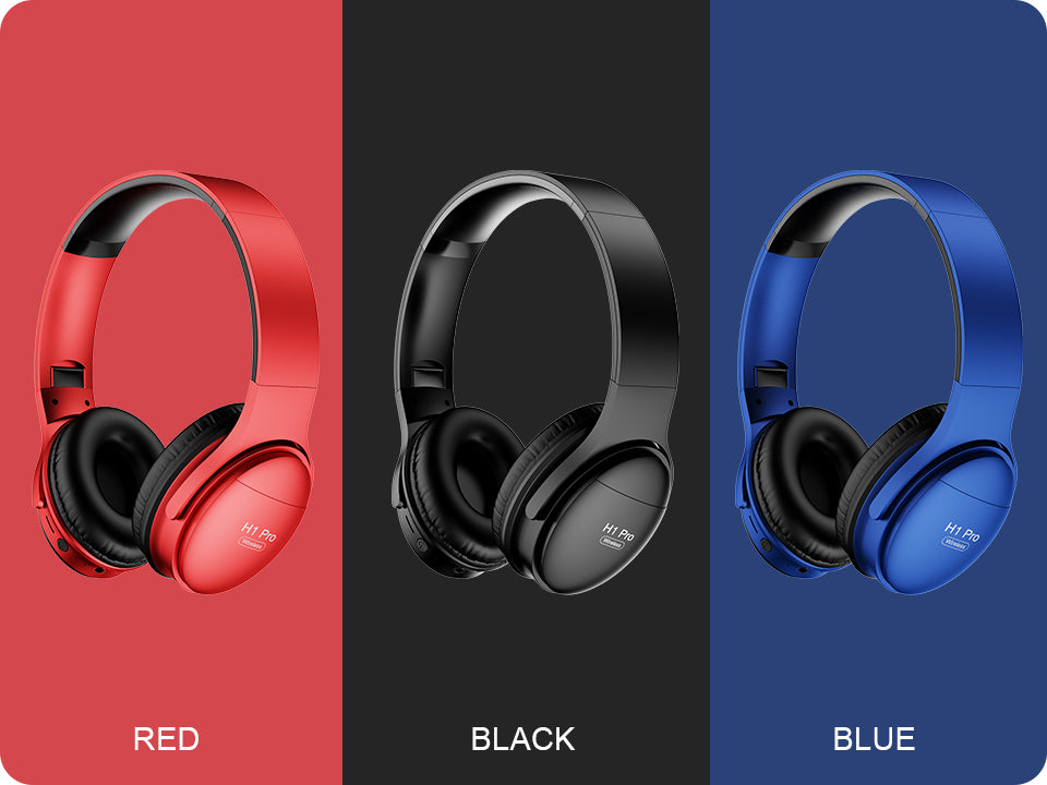 Three headphones in red, black, and blue on corresponding backgrounds.