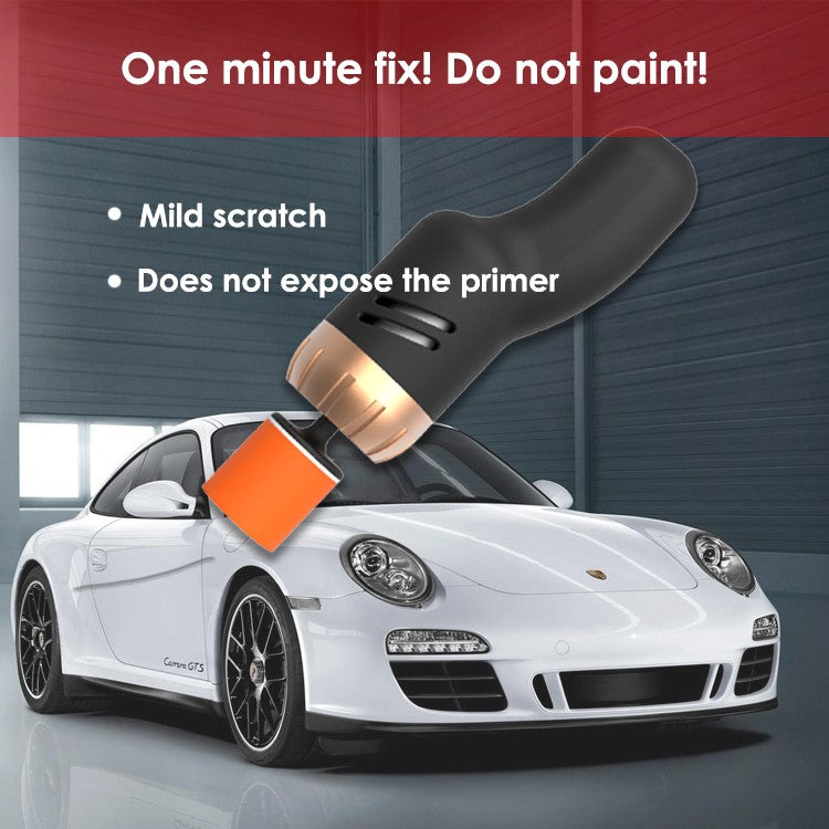 Black scratch removal tool above white car, text reads "One minute fix! Do not paint!"