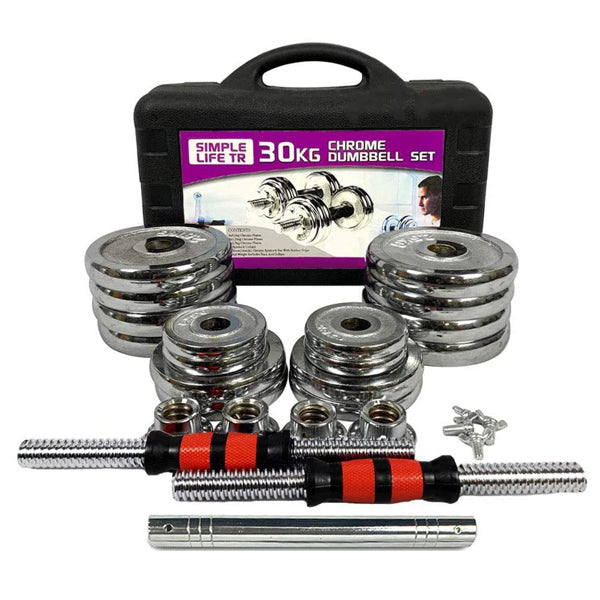 Chrome dumbbell set with weights, handles, and case; red-black grips, shiny silver plates.