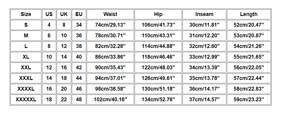 Size chart table for eight sizes, displaying US, UK, EU, waist, hip, inseam, and length measurements.