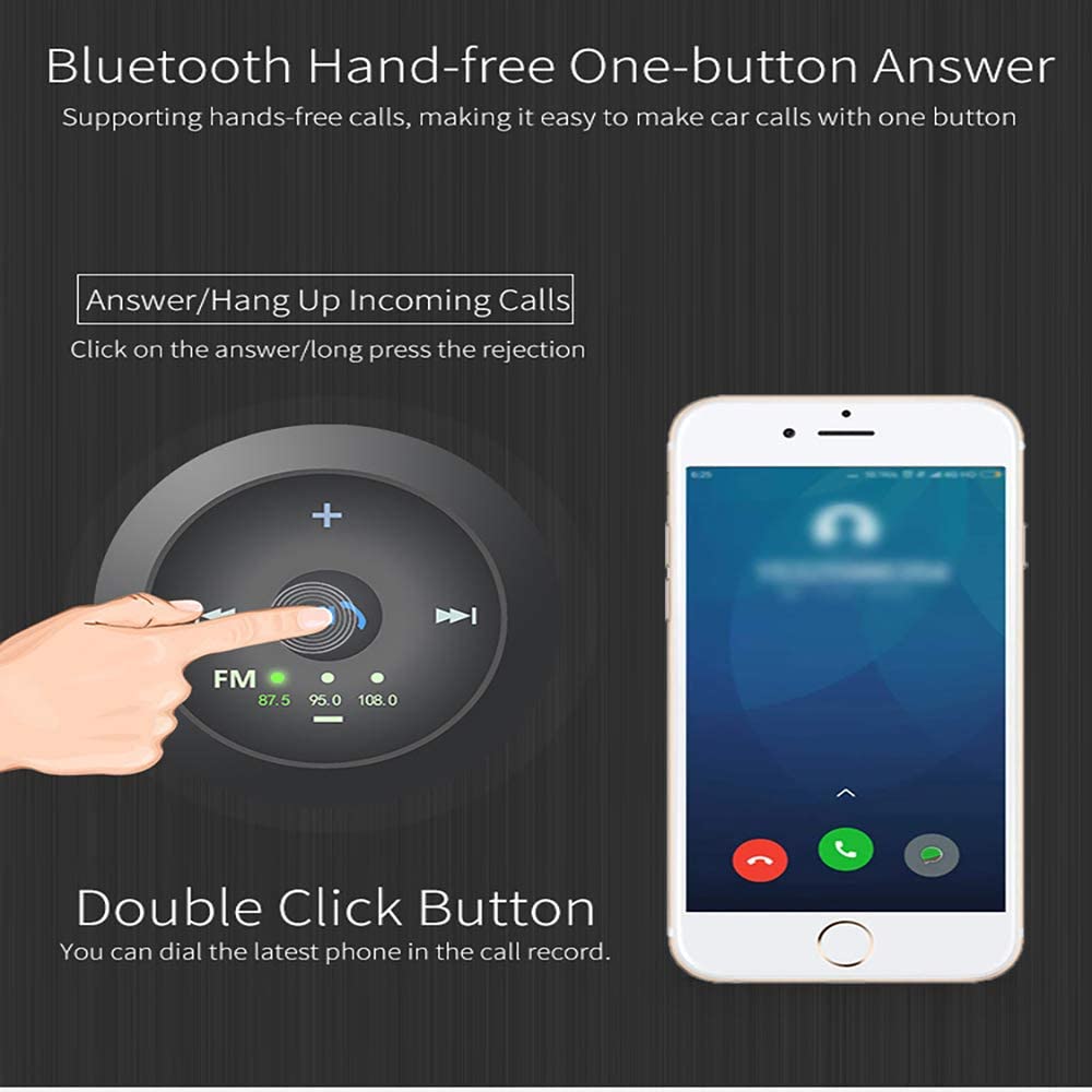 Hand touching a circular FM control. Smartphone with a call screen is on the right.
