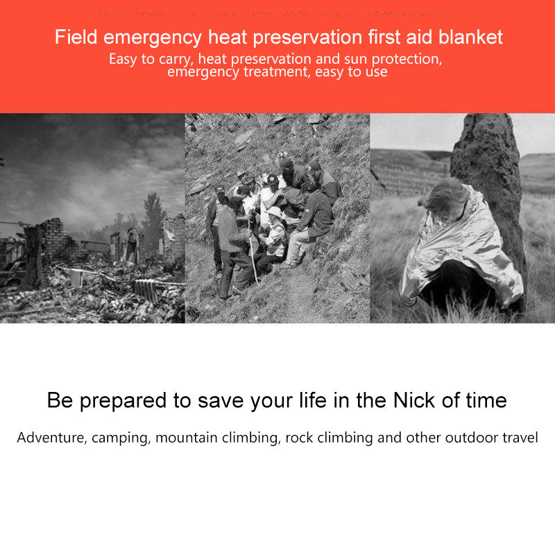 Collage of emergency, rescue scenes; a person wrapped in a foil blanket; red header with text.