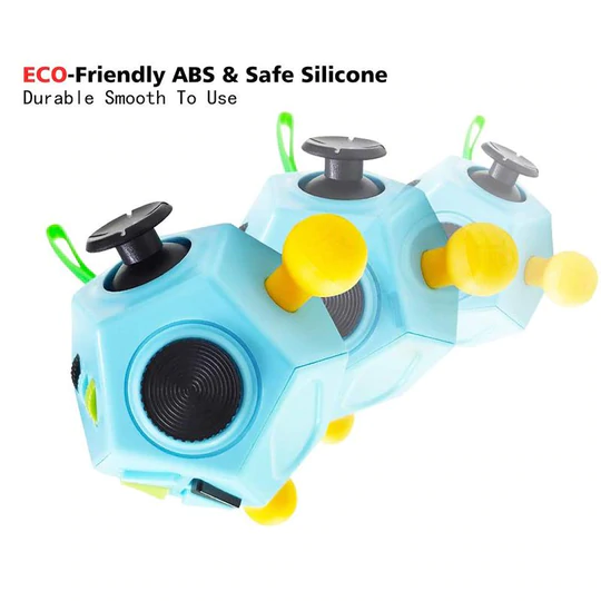 Blue fidget cube with black knobs, yellow buttons, and green loops, labeled eco-friendly ABS.