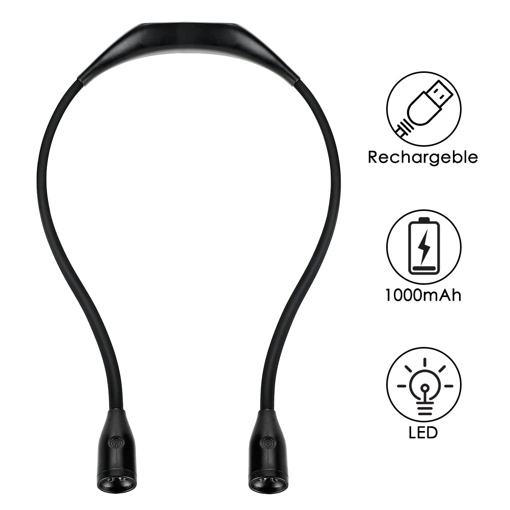 Black flexible neck reading light with dual LEDs; USB rechargeable, 1000mAh, LED icons shown.