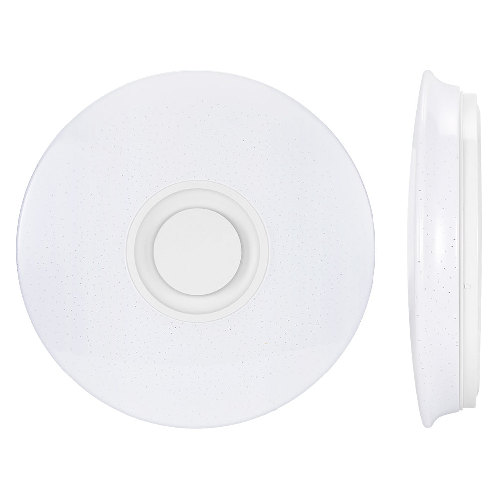 Round white ceiling light with concentric circles, shown from top and side views.