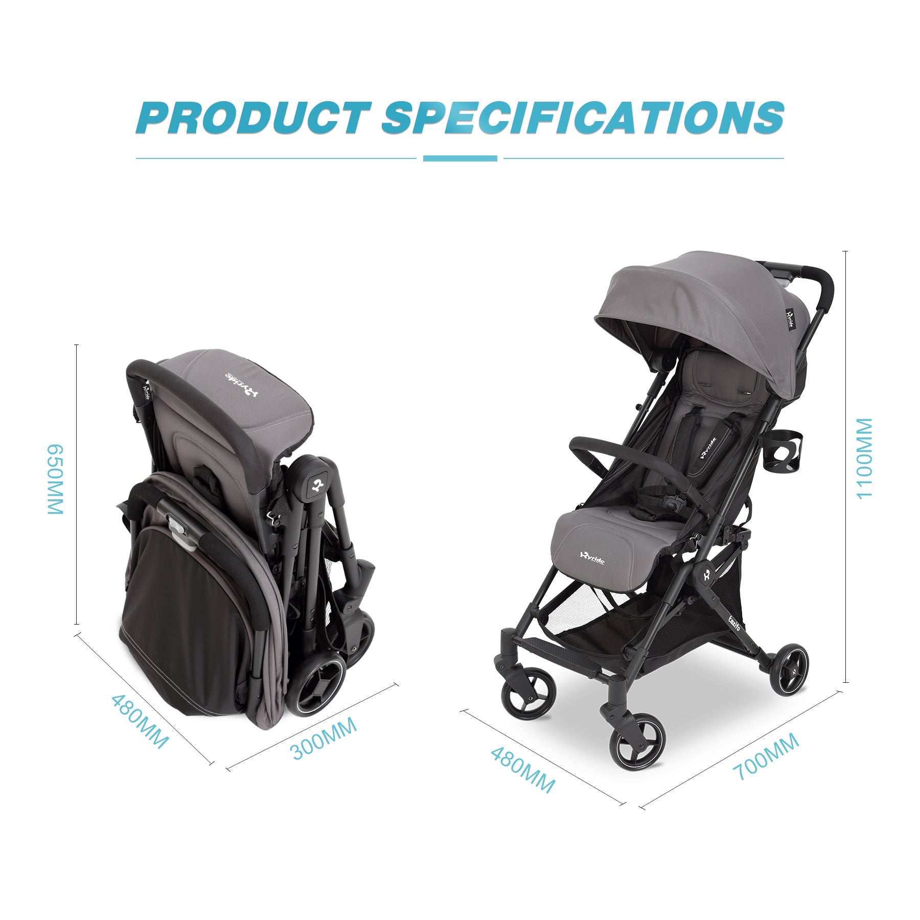 Gray stroller shown folded and unfolded with dimensions, black frame, and canopy.