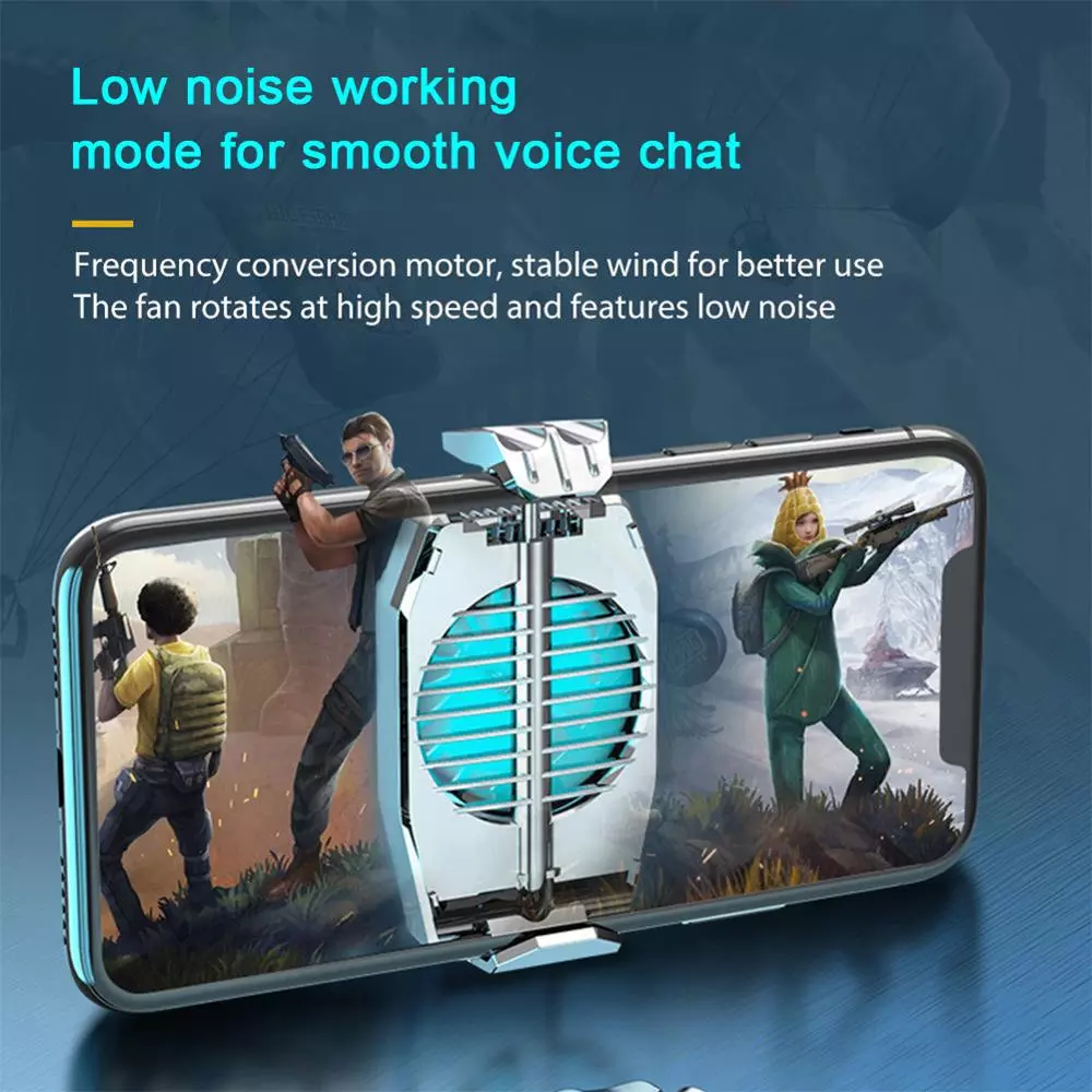 Gaming phone cooler with blue LED, characters in action on screen, promotes low noise function.