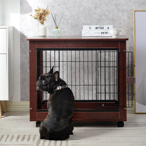 Black dog sitting in front of a brown wooden crate with decorative items on top.