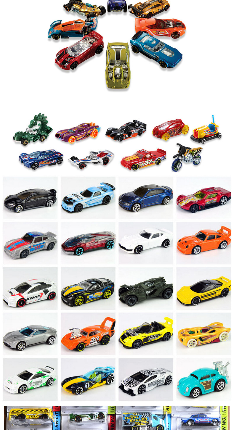 A collection of colorful toy cars in various designs and colors, displayed in rows and packaging.