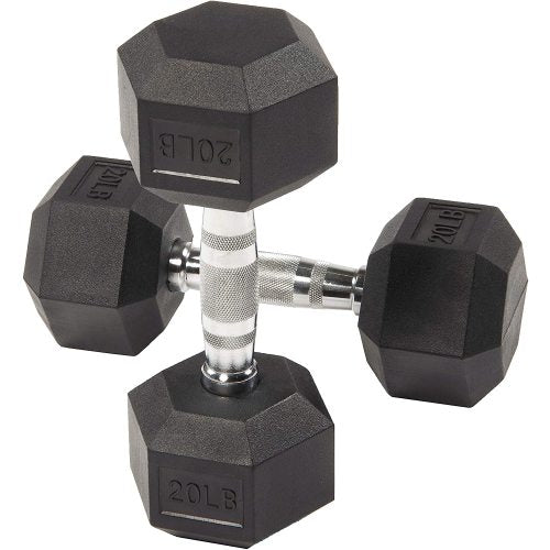 Two black hex dumbbells with silver handles, each marked "20 LB."